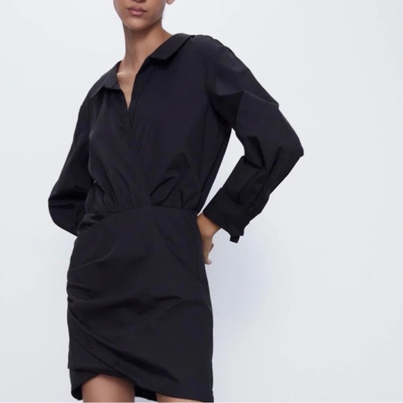 Zara Collared Long Sleeve Poplin Mini Shirt Dress in Black Size S - Picture 3 of 14